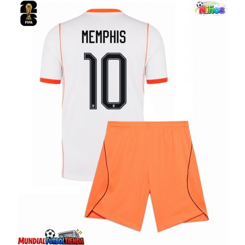 Camiseta Países Bajos Memphis Depay #10 Segunda Equipación Replica Mundial 2026 para niños mangas cortas (+ Pantalones cortos)
